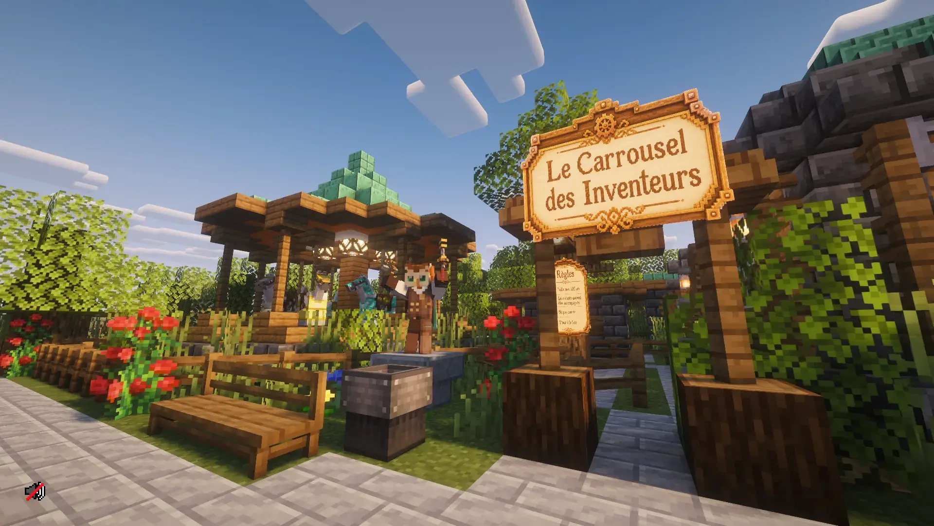 Entrée fleurie du Carrousel des Inventeurs avec son enseigne, son kiosque et ses automates