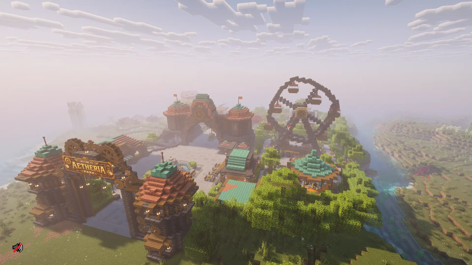 Vue aérienne d'Aetheria Park avec son entrée monumentale, ses pavillons et sa grande roue
