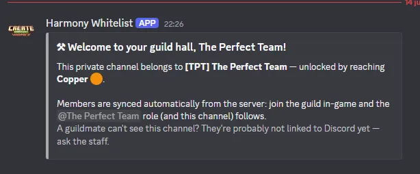 Salon Discord privé créé automatiquement pour une guilde, avec le rôle à la couleur de celle-ci.